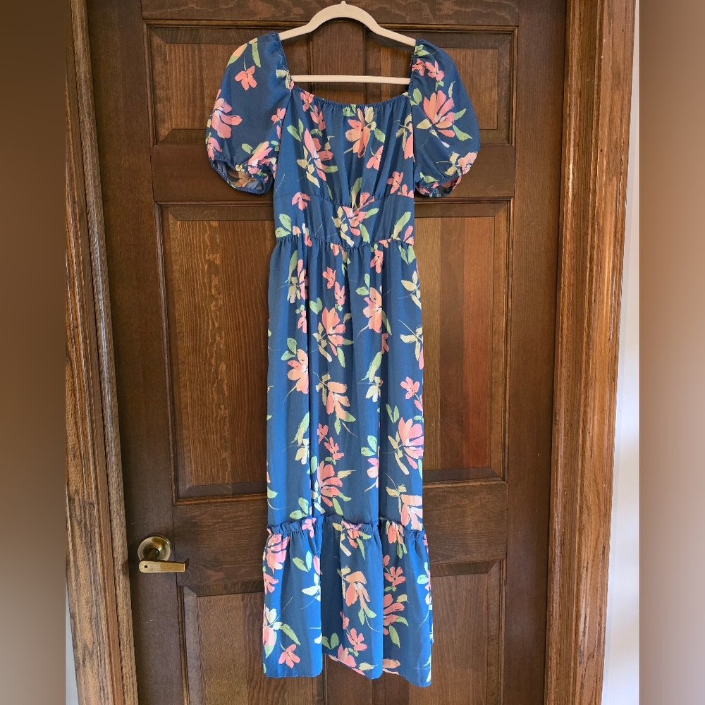 Floral Blue Maxi Dress Witb Neon Flowers Sz Medium